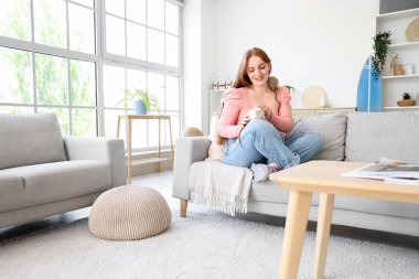 Evdeki kanepede oturan sevimli fareli güzel kızıl saçlı kadın.