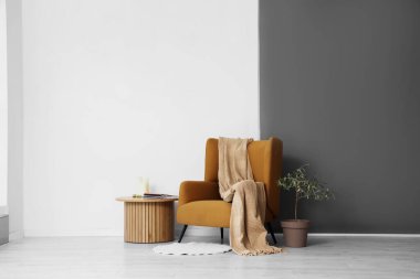 Kahve masasının yanında ekoseli rahat koltuk ve oturma odasında bitki.