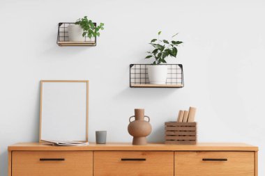 Çekmeceler, resim çerçeveleri ve raflar. Oturma odasındaki beyaz duvarda ev bitkileri var.