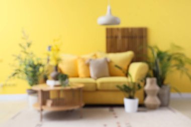 Sarı kanepe, masa ve yeşil bitkilerle oturma odasının bulanık görüntüsü