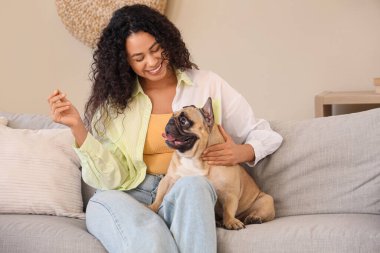 Evdeki kanepede oturan sevimli Fransız bulldoguyla güzel bir Afro-Amerikalı kadın.