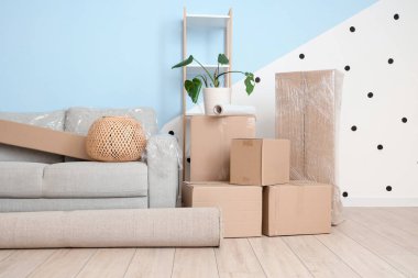 Oturma odasında kutu taşıyan gri kanepe.