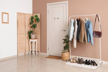 Elbise askısı, ev bitkileri ve anahtar tutacağı olan şık bir salonun içinde.