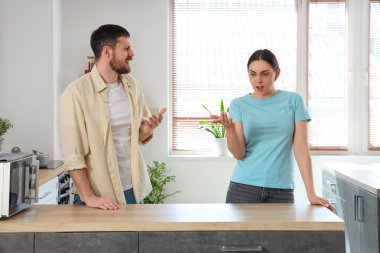 Genç çift mutfakta kavga ediyor.
