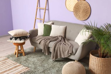 Gri kanepesi, merdiveni ve palmiyesi olan şık bir oturma odası.