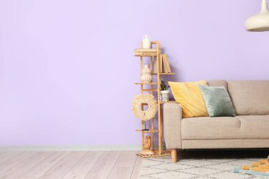 Gri kanepeli şık bir oturma odası ve ayakta durun.