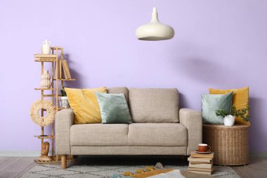 Gri kanepesi, duruşu ve sepeti olan şık bir oturma odası.