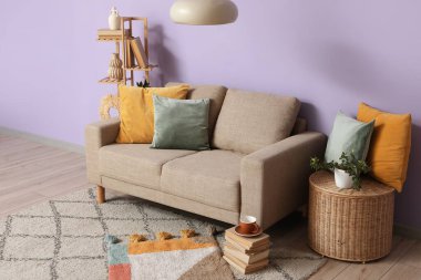 Gri kanepeli, sepetli ve ayakta duran şık bir oturma odası.