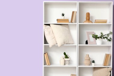 Raflarda kitaplar, yastıklar ve eflatun duvarın yanında dekor var.