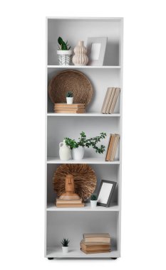 Kitaplı raf ünitesi ve beyaz arka planda bitkiler