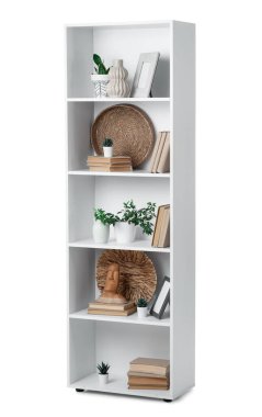 Kitaplı raf ünitesi ve beyaz arka planda bitkiler