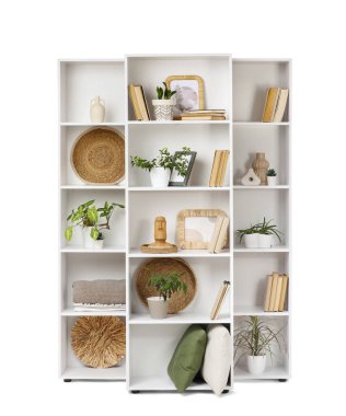 Kitaplı raf ünitesi ve beyaz arka planda bitkiler