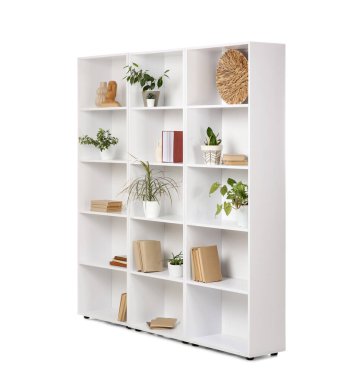 Kitaplı raf ünitesi ve beyaz arka planda yeşil bitkiler