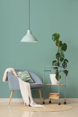 Oturma odasının içinde koltuk ve rafta Monstera bitkisi var.