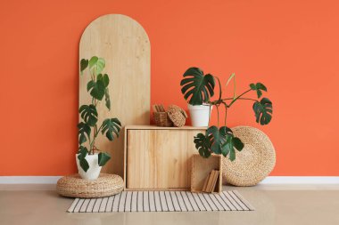 Monstera bitkileri ve rattan puflarla dolu oturma odasının içinde.