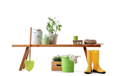 Beyaz arka planda bitkilerle ve bahçe malzemeleriyle bankta.