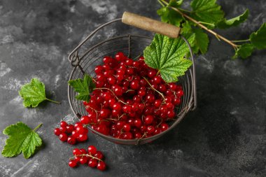 Gri grunge arka planda taze üzümlü sepet, yakın plan.