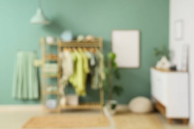 Askısı, aksesuarı ve bitkileri olan giyim mağazasının bulanık görüntüsü