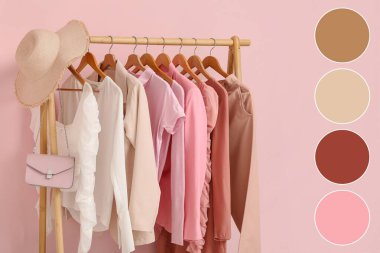 Kadın kıyafetleri, pembe arka planda şapka ve çanta. Farklı renk desenleri