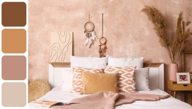 Mercan grunge duvarının yanında rahat yatağı olan şık bir yatak odası. Farklı renk desenleri