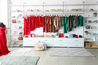 Kadın kıyafetleri ve aksesuarları olan gardırop.