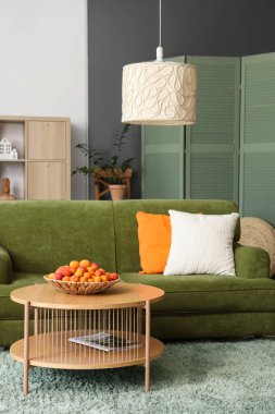 Oturma odasının iç tarafındaki kahve masasında kayısı ve sepet.