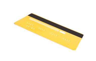 Beyaz arka planda uçan sarı kredi kartı, arka plan