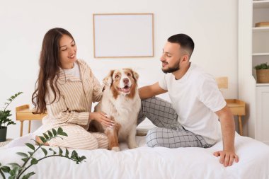 Avustralya çoban köpeği olan genç çift yatak odasında oturuyor.