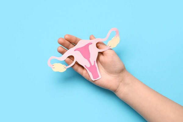 Female hand with paper uterus on color background, closeup