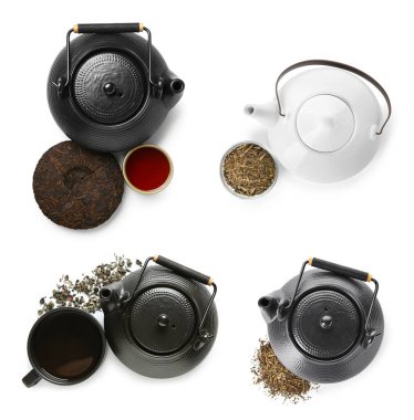 Beyaz arka planda lezzetli demlenmiş içeceklerle çaydanlık kolajı.