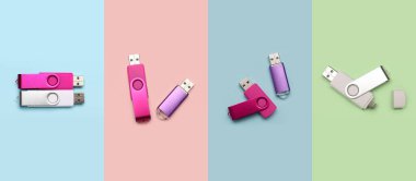 Renk arkaplanına USB flaş bellek seti