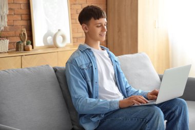 Evde kanepede dizüstü bilgisayar kullanan genç adam