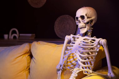 Geceleri oturma odasındaki sarı koltukta oturan insan iskelet modeli.