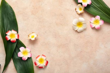 Bej arka planda tropikal yaprakları olan güzel plumeria çiçekleri