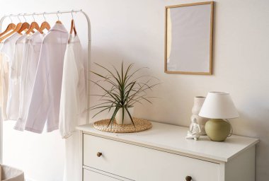 Klozet, elbise askılığı ve boş çerçeveli aydınlatma salonunun içi