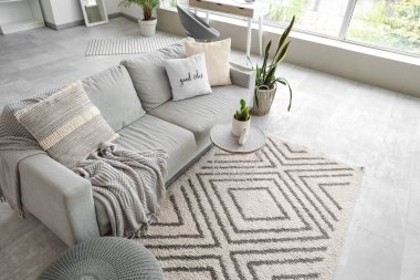 Gri kanepeli, kahve masalı, çiçekli ve halılı aydınlık oturma odasının içi.