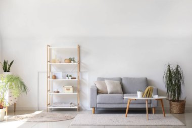 Oturma odasının içinde kanepe, ev bitkileri ve sehpanın üzerindeki kitaplar için şık bir tutucu var.