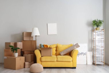 Taşındığı gün yeni oturma odasında karton kutular ve kanepe.