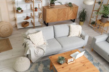 Koltukları, çiçekleri, göğüs çekmecesi, raf üniteleri ve dizüstü bilgisayarı olan rahat bir oturma odası.