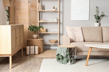 Bej kanepe, çekmece sandığı ve oturma odasının iç tarafında katlanır ekran.