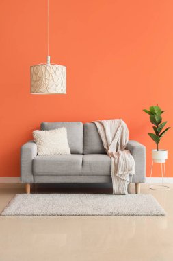 Oturma odasının iç tarafındaki turuncu duvarın yanında rahat bir bej kanepe ve çiçek var.