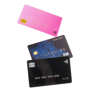 Beyaz arka planda farklı kredi kartları kullanılıyor