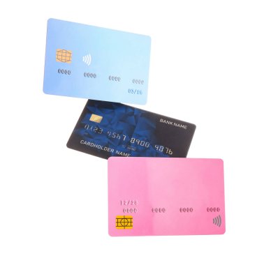 Beyaz arka planda farklı kredi kartları kullanılıyor