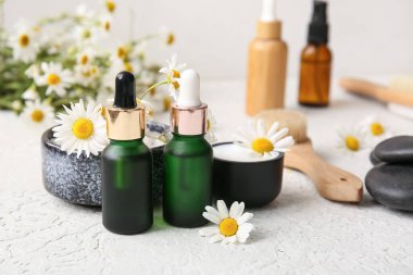Gri grunge arka planda papatya çiçekleri ve kozmetik ürünleri şişeleri, yakın plan