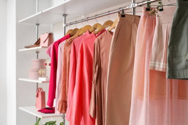 Dolapta asılı şık kadın kıyafetleri.