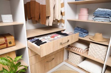 Dolabında organize iç çamaşırları olan açık çekmece.