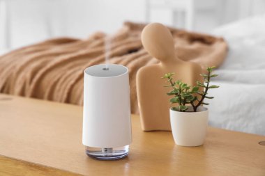 Yatak odasındaki bankta bitki ve heykelcikle hava nemlendirici, yakın plan.