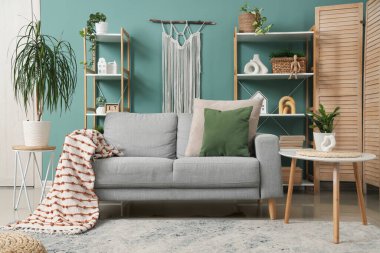 Gri kanepeli, raf üniteli ve bitkilerli şık bir oturma odası.