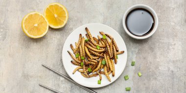 Bir tabak yeşil soğanlı, limonlu ve arka planda soya soslu kızarmış kurtçuk.