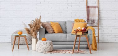 Gri kanepe, sonbahar balkabakları ve parlak mumlarla aydınlık oturma odasında.